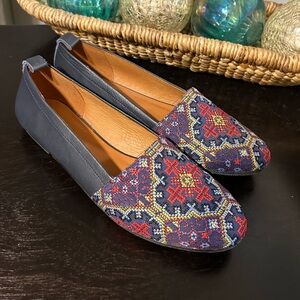 Sundance Segovia Cross-Stitch Embroidered Blue Leather Slip On Flats Size 37